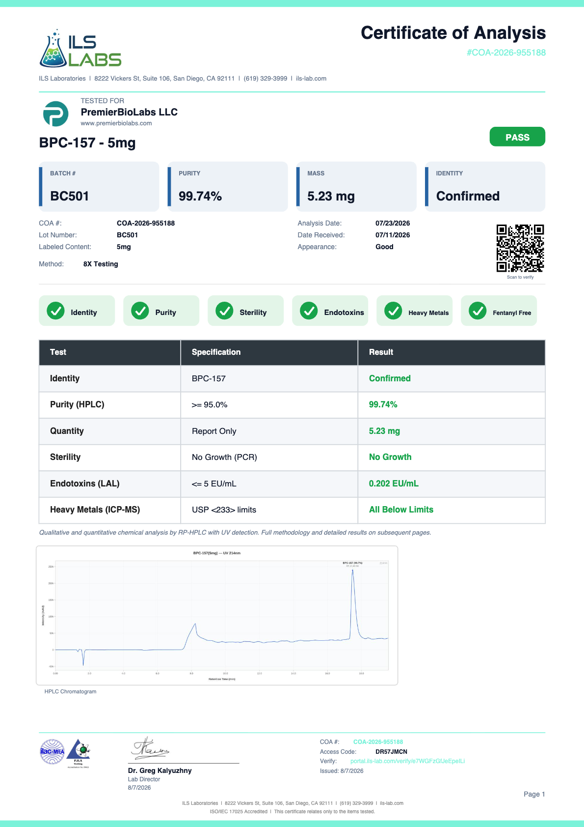 BPC-157 5mg Certificate of Analysis, lot BC501