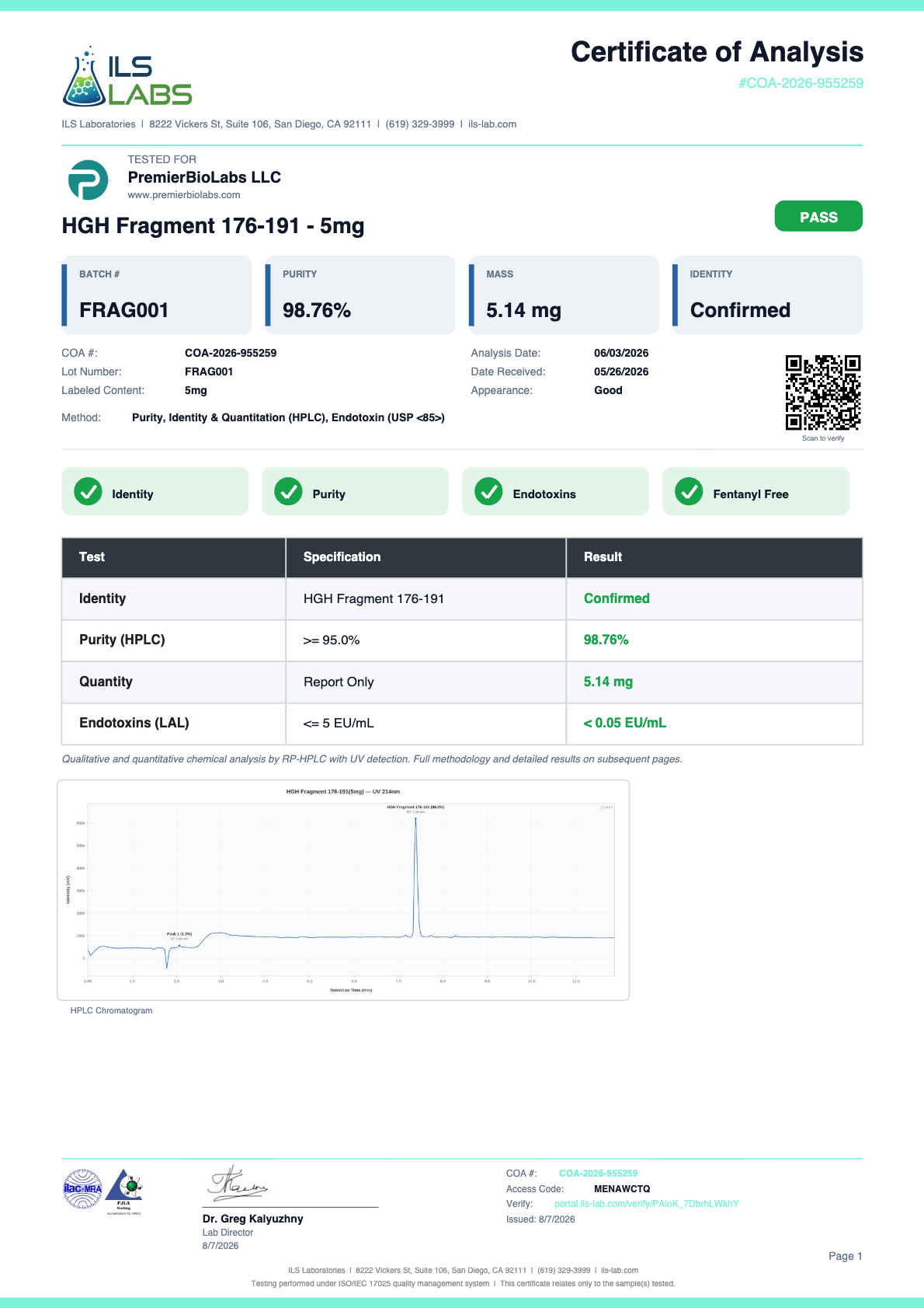 HGH 176-191 5mg Certificate of Analysis, lot FRAG001