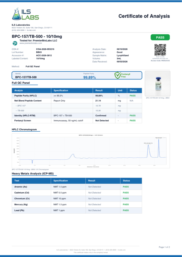 BPC-157/TB-500 (Wolverine) 10/10mg Certificate of Analysis, lot BB03