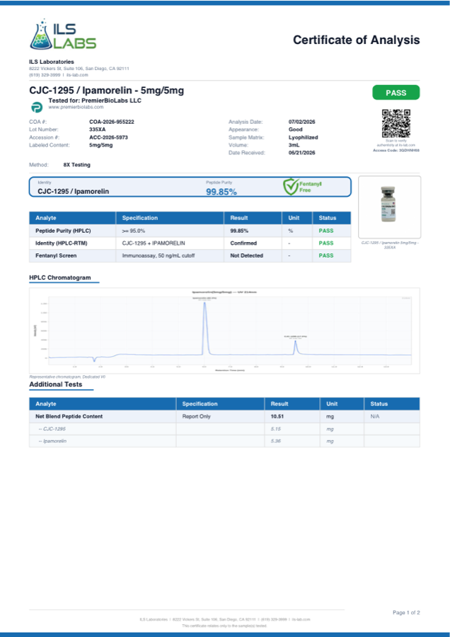 CJC-1295/IPA (No DAC) 5mg/5mg Certificate of Analysis, lot 335XA