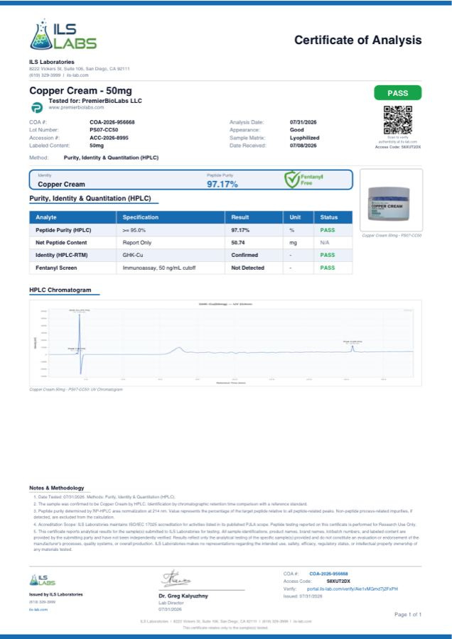 Copper Peptide Cream 50mg Certificate of Analysis, lot PS07-CC50