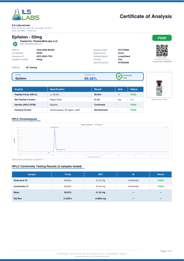 Epithalon 50mg Certificate of Analysis, lot EPI05