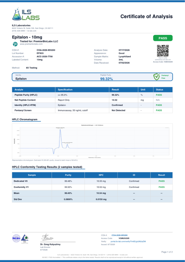Epithalon 10mg Certificate of Analysis, lot EPX03