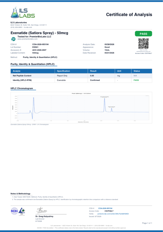 Exenatide Nasal 50mcg Certificate of Analysis, lot EXN01