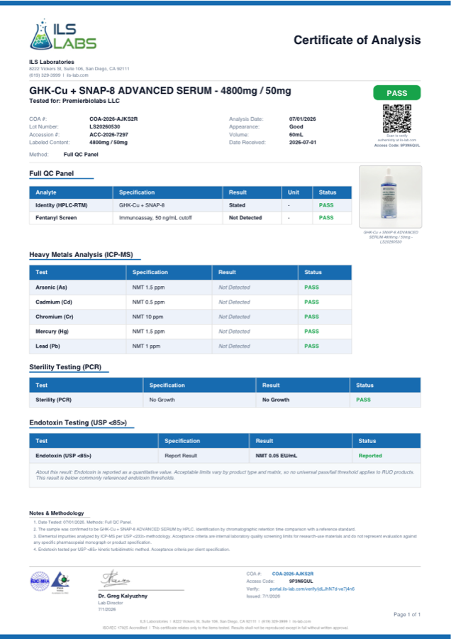 GHK-Cu + SNAP-8 Serum 4800mg / 50mg Certificate of Analysis, lot LS20260530