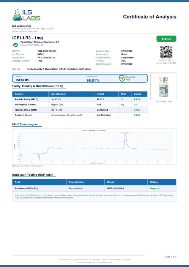 IGF-1 LR3 1mg Certificate of Analysis, lot IGF02