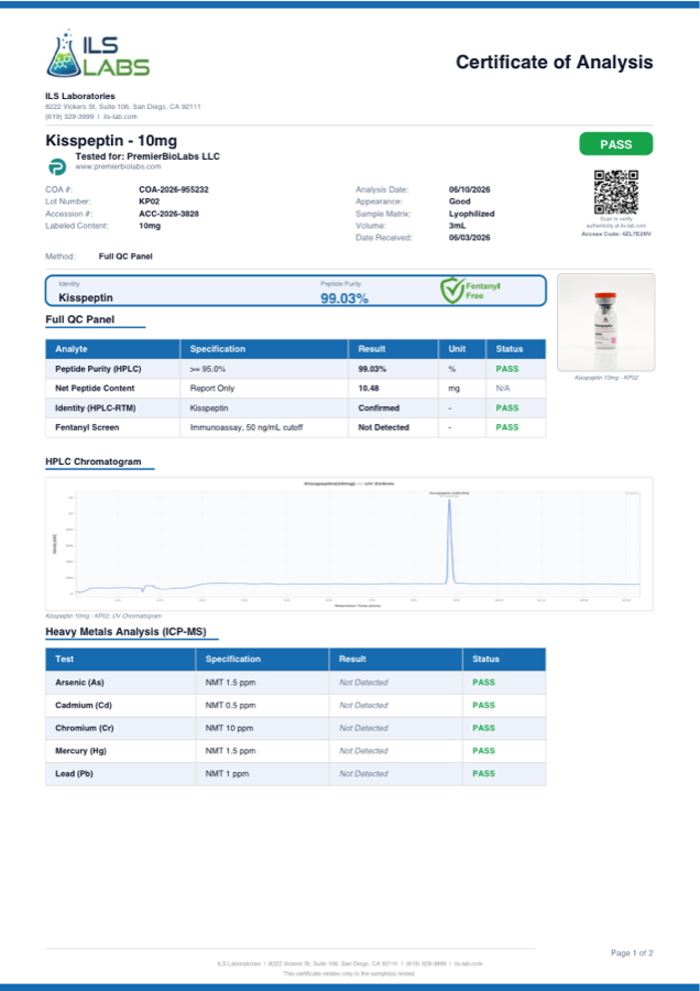 Kisspeptin 10mg Certificate of Analysis, lot KP02