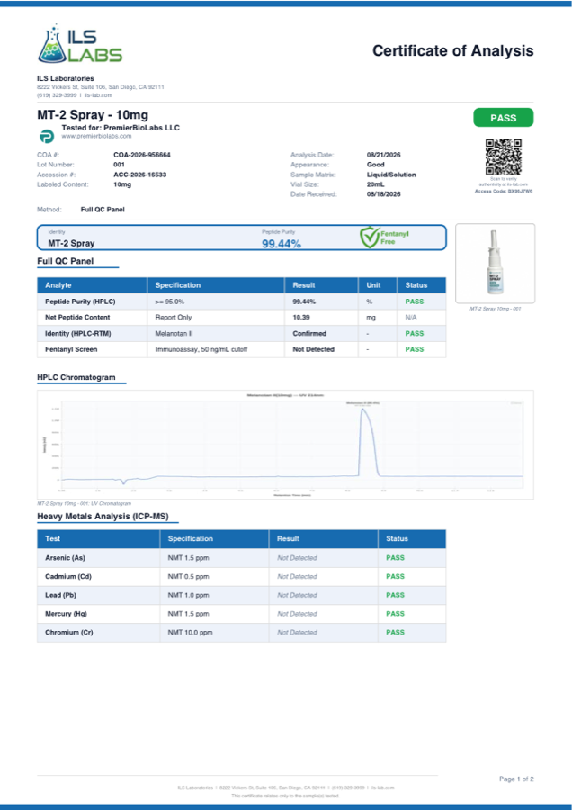 MT-2 Spray 10mg Certificate of Analysis, lot 001