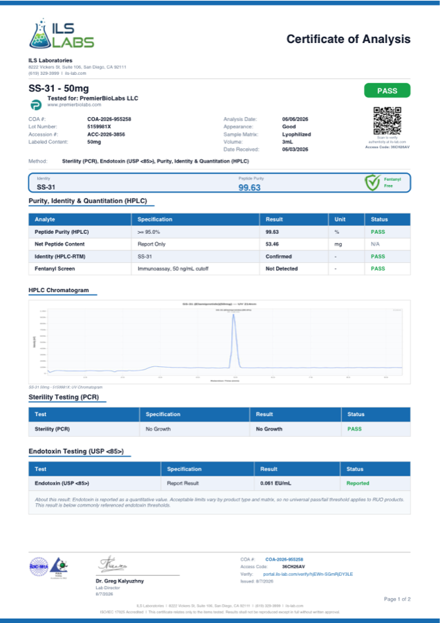MTP-31 (SS-31) 50mg Certificate of Analysis, lot 5159981X