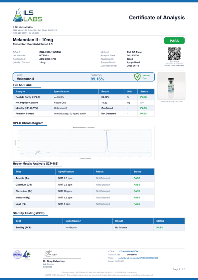 Melanotan 2 10mg Certificate of Analysis, lot MT20-02