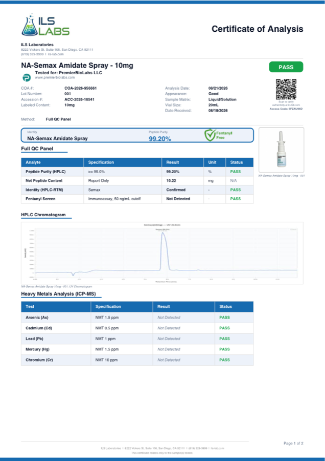 NA-Semax Amidate Spray 10mg Certificate of Analysis, lot 001