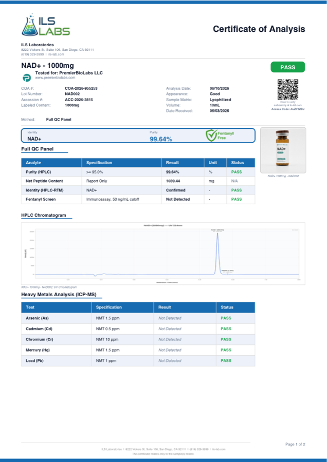 NAD+ 1000mg Certificate of Analysis, lot NAD002
