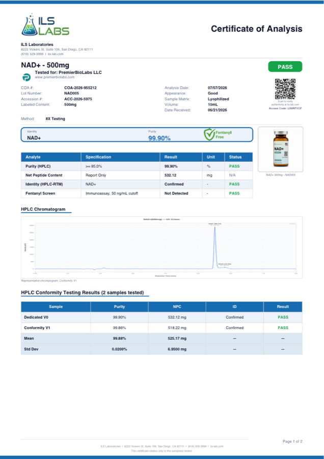 NAD+ 500mg Certificate of Analysis, lot NAD005