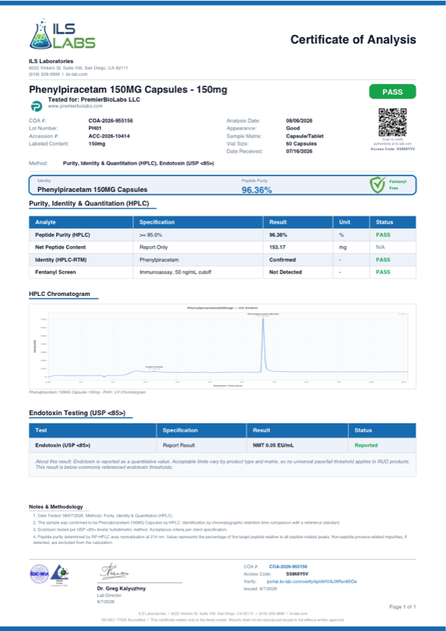 Phenylpiracetam (Capsules) 150mg Certificate of Analysis, lot PH01