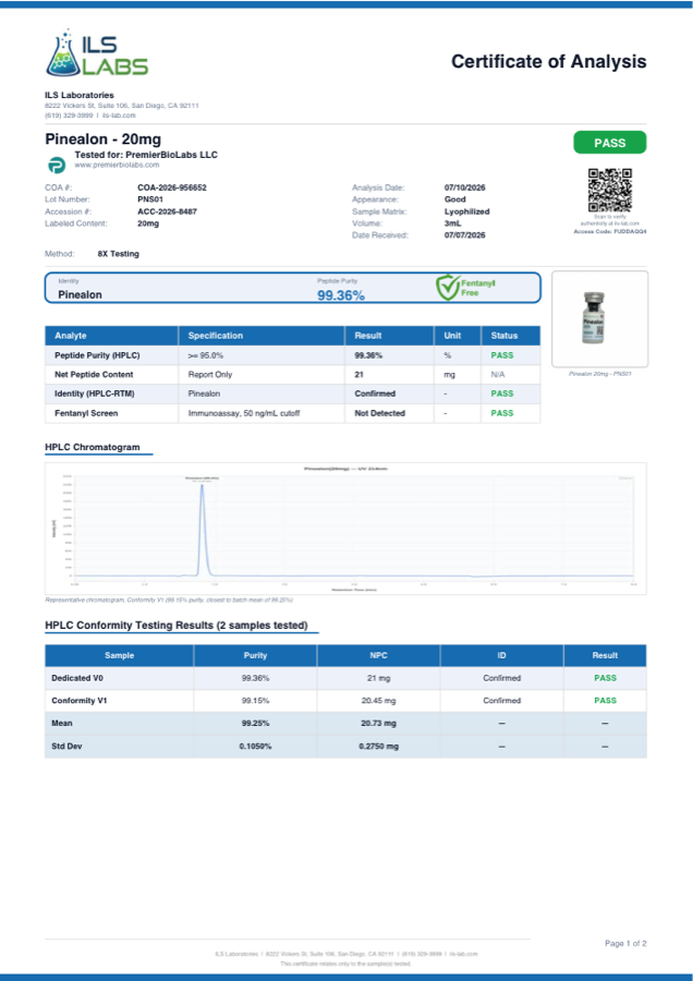 Pinealon 20mg Certificate of Analysis, lot PNS01