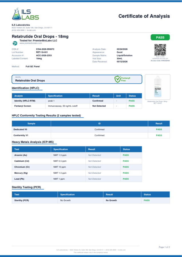 Retatrutide Drops 18mg Certificate of Analysis, lot RET-18-001