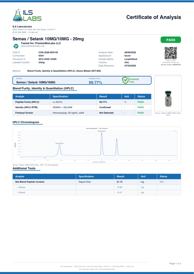 Semax/Selank 20mg Certificate of Analysis, lot XS01