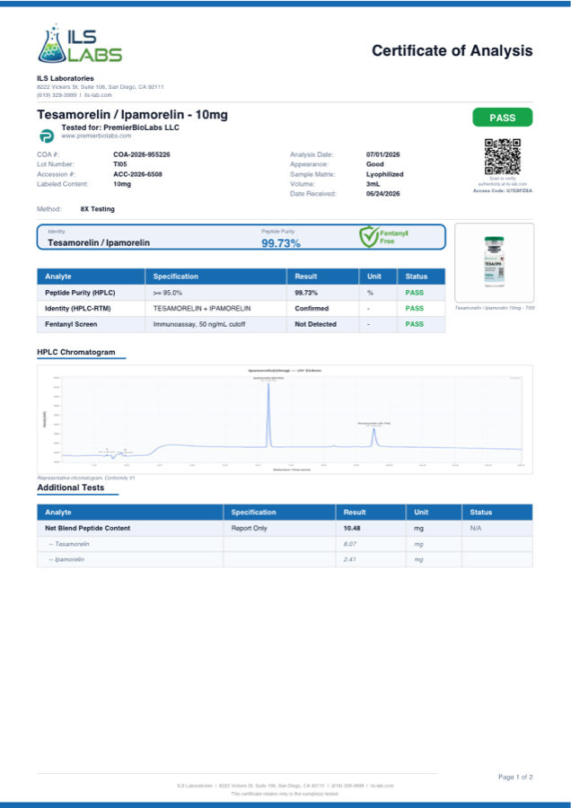 Tesamorelin/Ipamorelin 10mg Certificate of Analysis, lot TI05