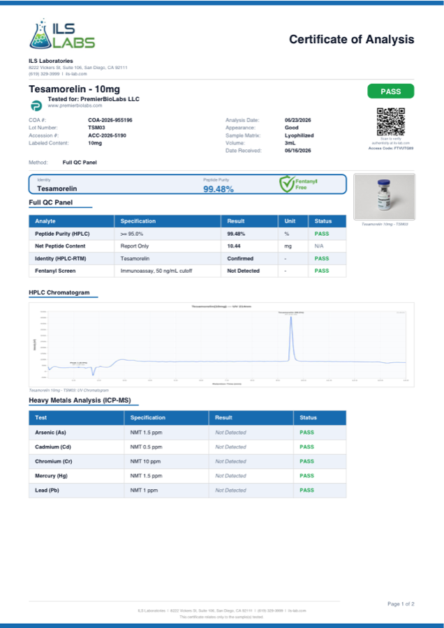 Tesamorelin 10mg Certificate of Analysis, lot TSM03