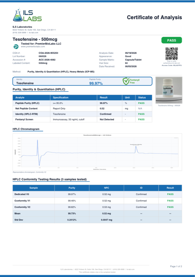 Tesofensine 500mcg Certificate of Analysis, lot 060526