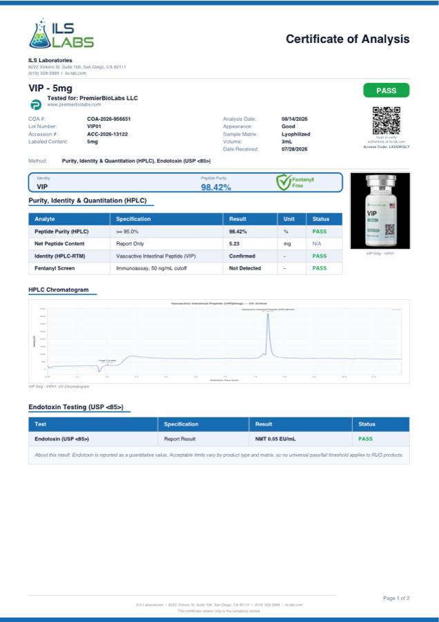VIP 5mg Certificate of Analysis, lot VIP01
